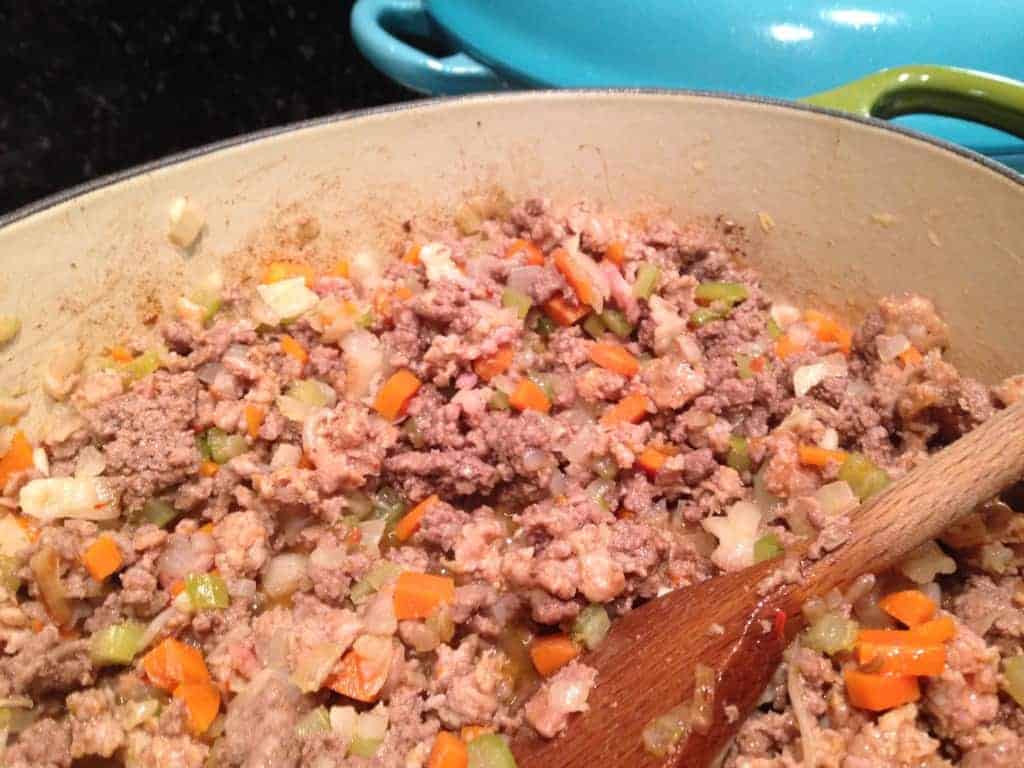 Ground beef and sausage browning for Bolognese sauce