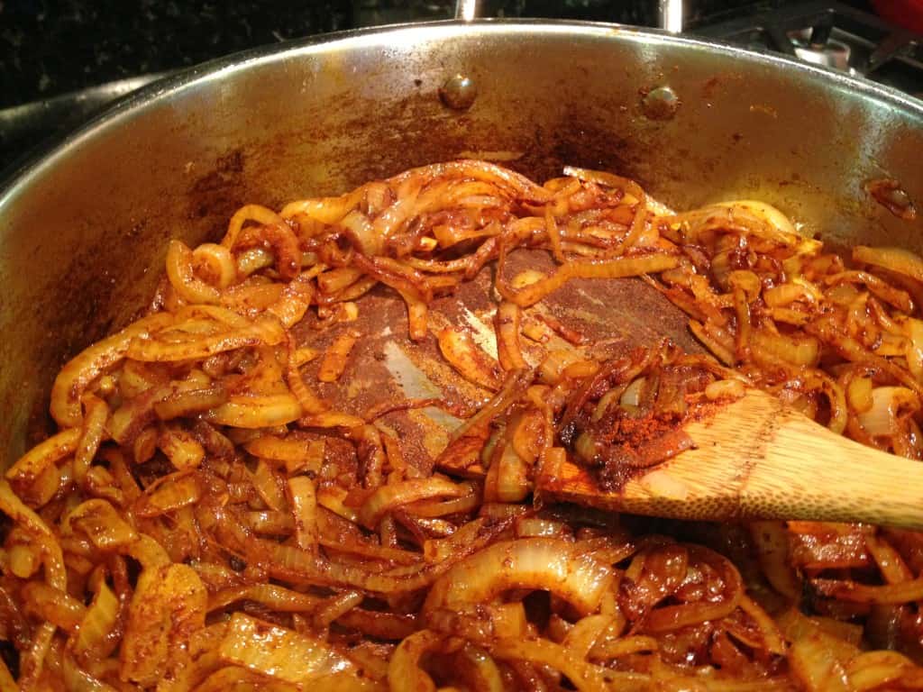 Sauteing the paprika with the onions.