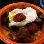Gluten-free gochujang over rice, beef, greens, and a poached egg.