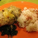 Gluten-free stuffed pork chop with cider vinegar spinach