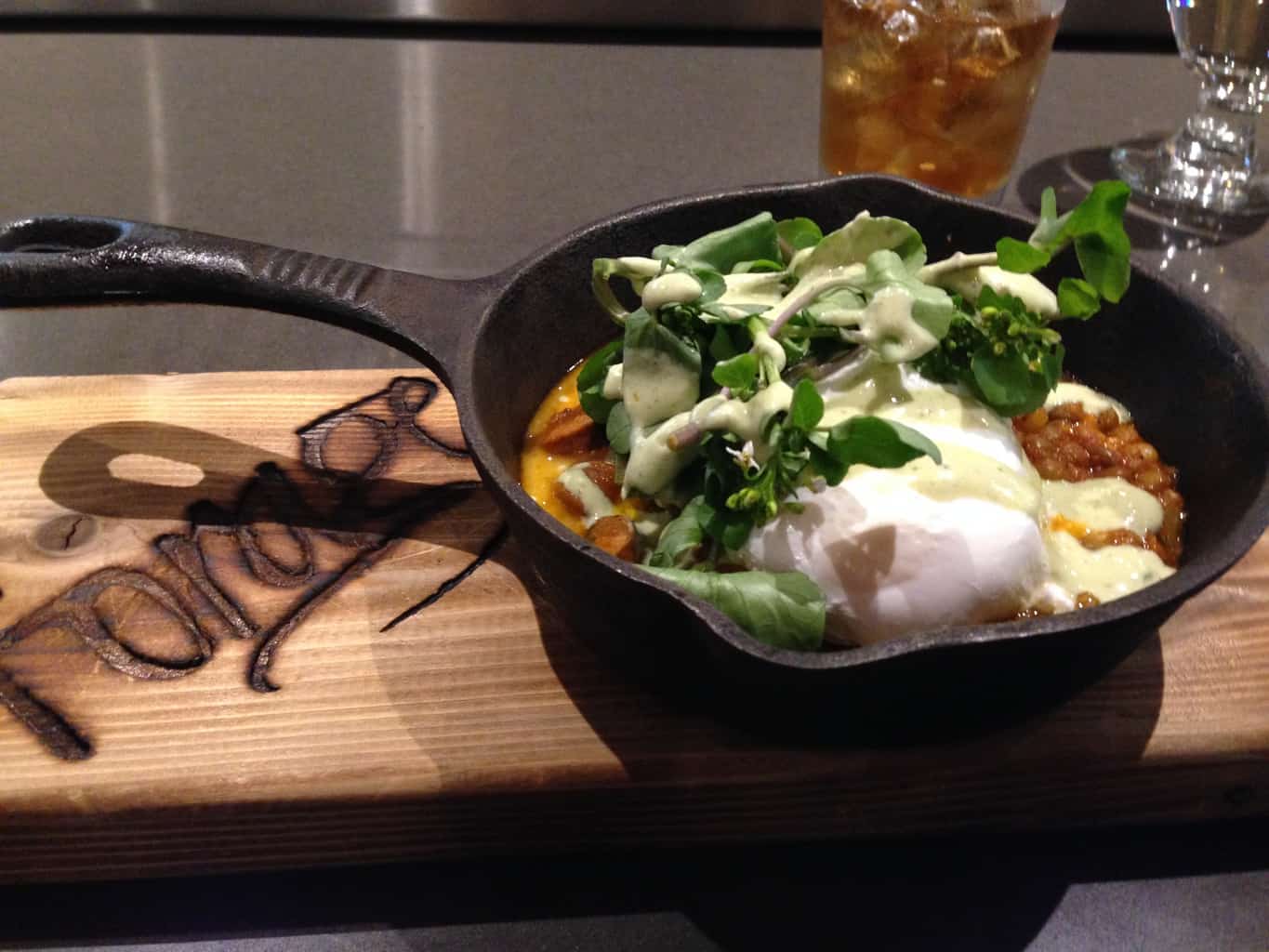 Spiced lentils, merguez sausage, peas, poached egg -- a gluten-free breakfast at Forage, Vancouver.