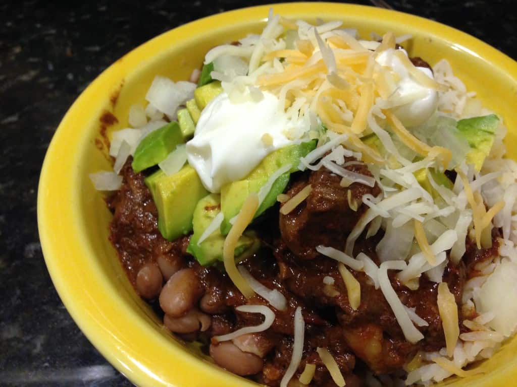Finished chili with toppings.