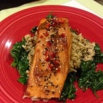 Miso-glazed salmon with rice and spinach