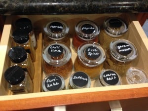 Spice blends in a drawer.