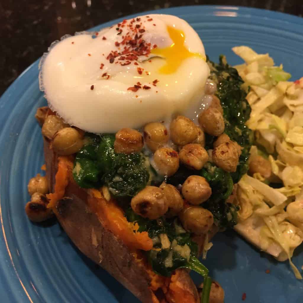 Gluten-Free sweet potato with spinach, garbanzo beans, and poached egg